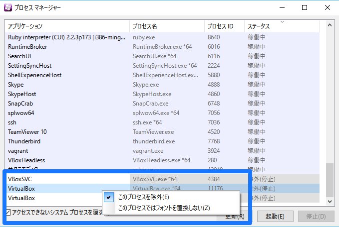 プロセス「VirtualBox」を右クリックし、「このプロセスを除外する」を選択します